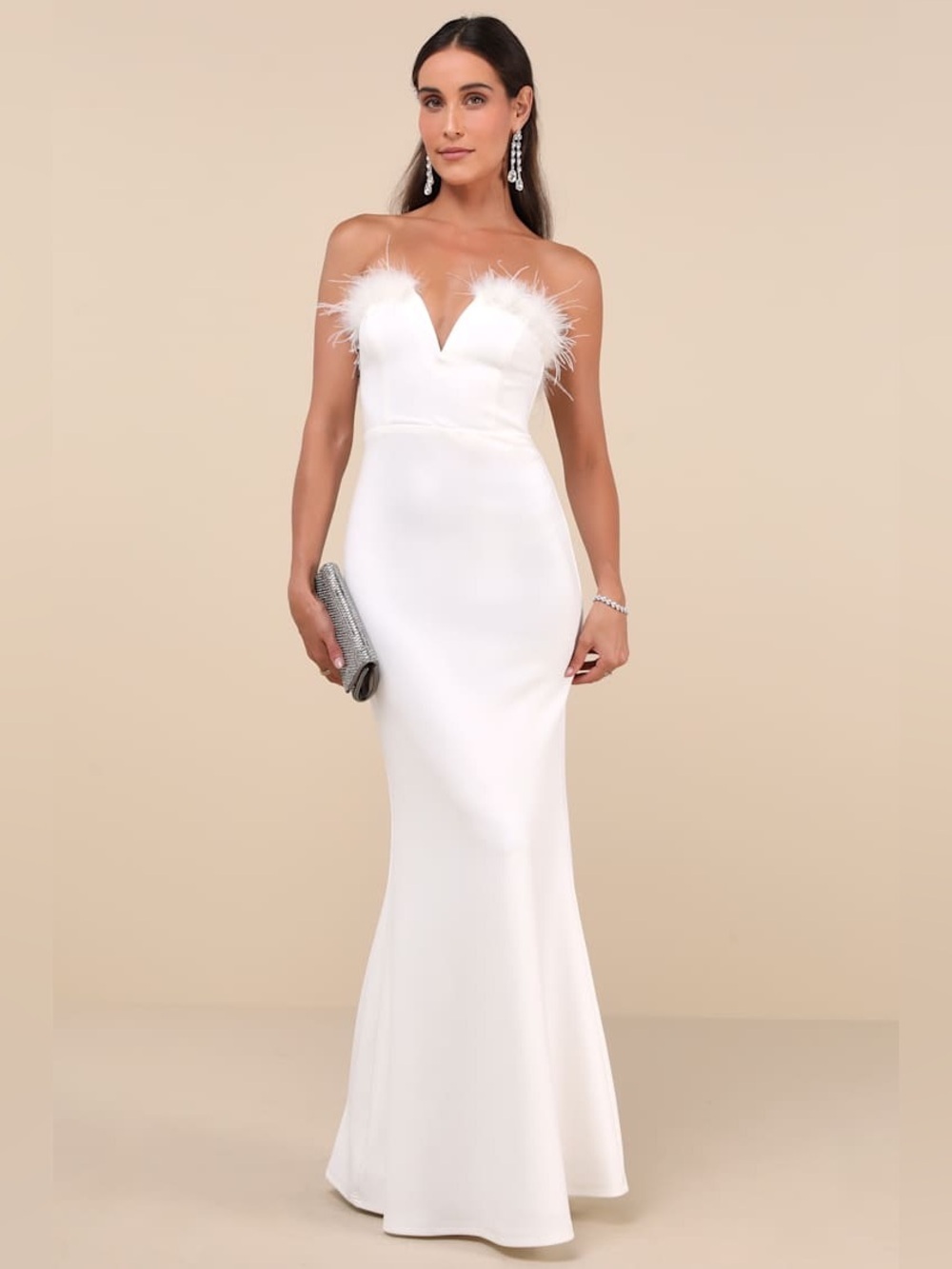 NWT Lulus Extraordinary Glam White Feather Strapless Mermaid Maxi Dress